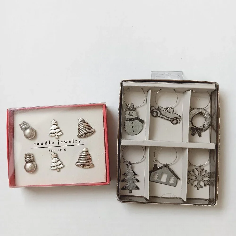 Lot of 2 Pier 1 Pewter Holiday Candle Jewelry Set of 6 And Drink Charms Set of 6